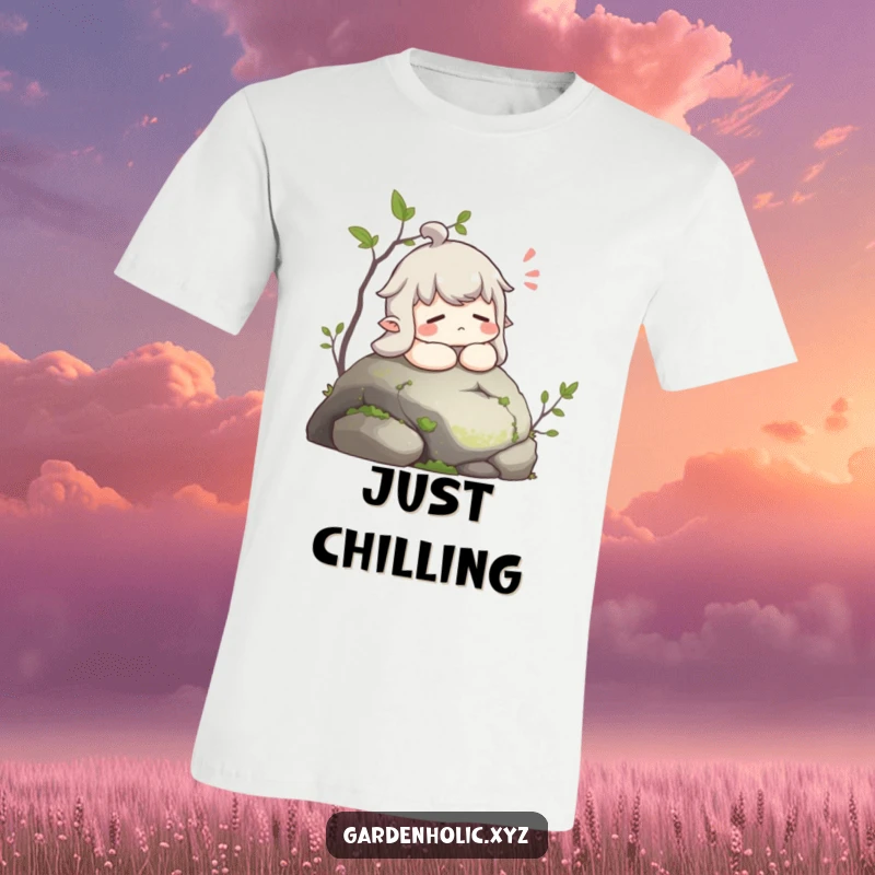 Funny t-shirt featuring a character with eyes closed, letting out a contented sigh while lounging on a mossy stone.