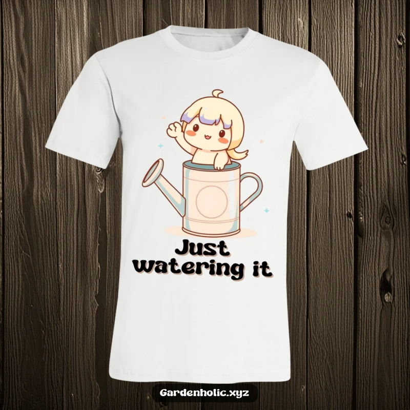 Funny t-shirt showcasing a small, happy character perched on a watering can and waving, perfect for garden enthusiasts.