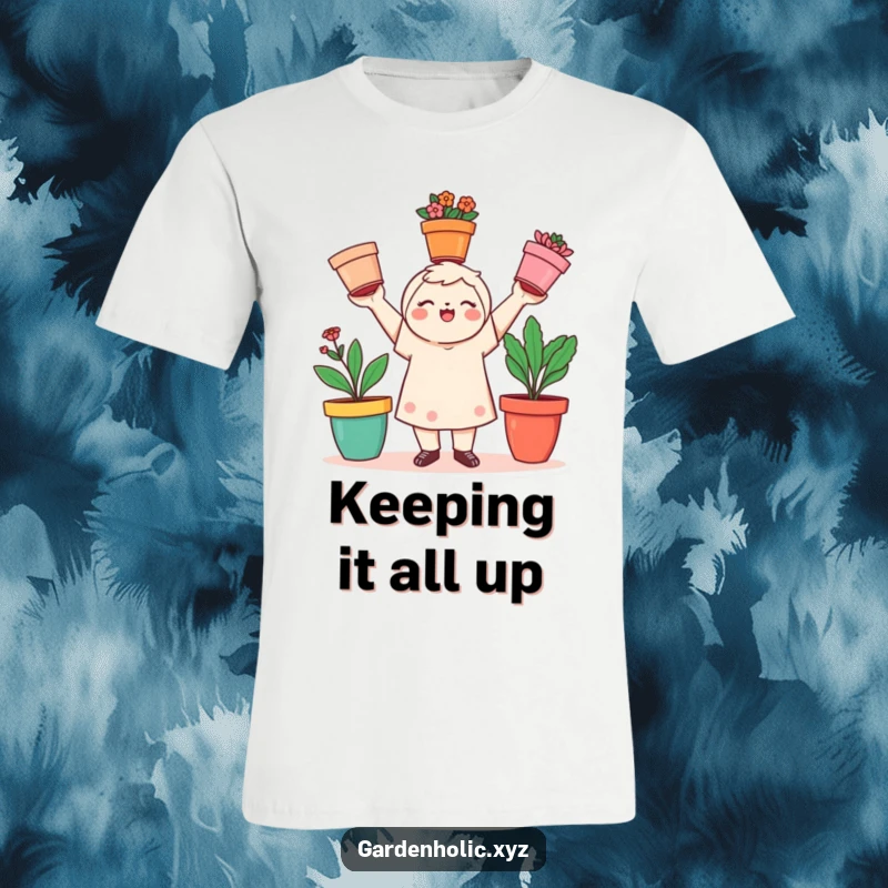 Funny gardener t-shirt with a playful character juggling three colorful flower pots, an ideal funny gift.