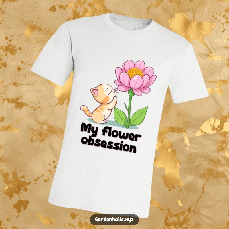 Funny cat t-shirt featuring a curious cat sniffing a huge blooming flower with awe, perfect for pet lovers and nature admirers.
