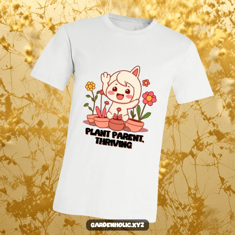 Funny t-shirt depicting a character joyfully waving hello, nestled amongst a cheerful array of happy and healthy plants.