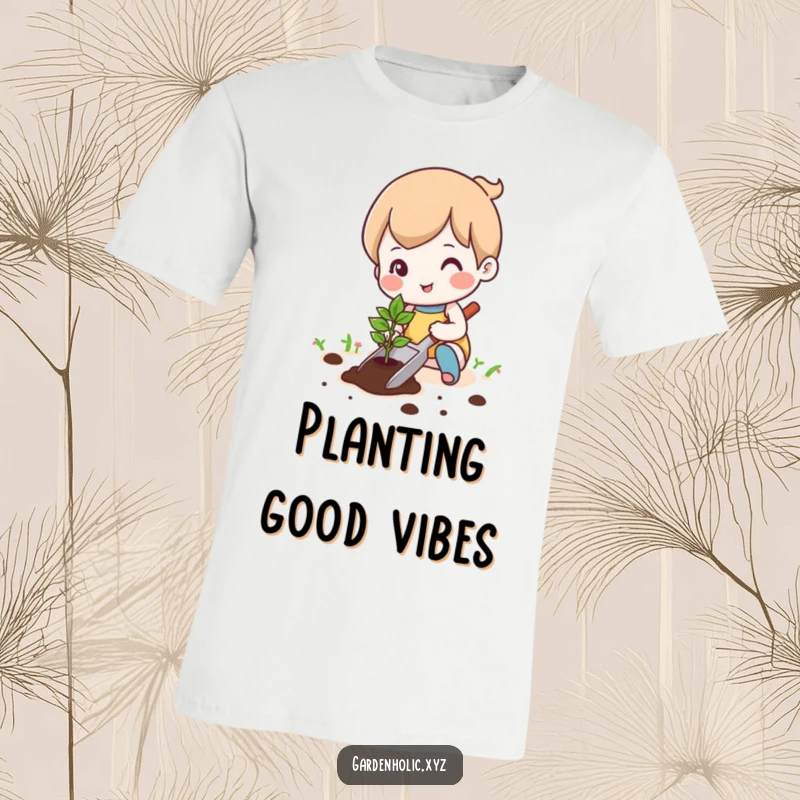Funny cute character happily planting a tiny seedling with a trowel on a t-shirt, promoting joy in gardening, a fantastic funny gift.