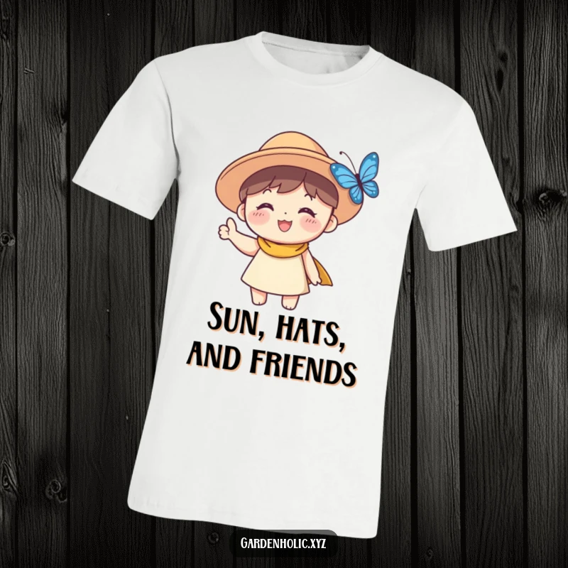 Funny Sun Hat Character T-Shirt: A cute, smiling character wearing a sun hat waves joyfully at a delicate butterfly in flight.