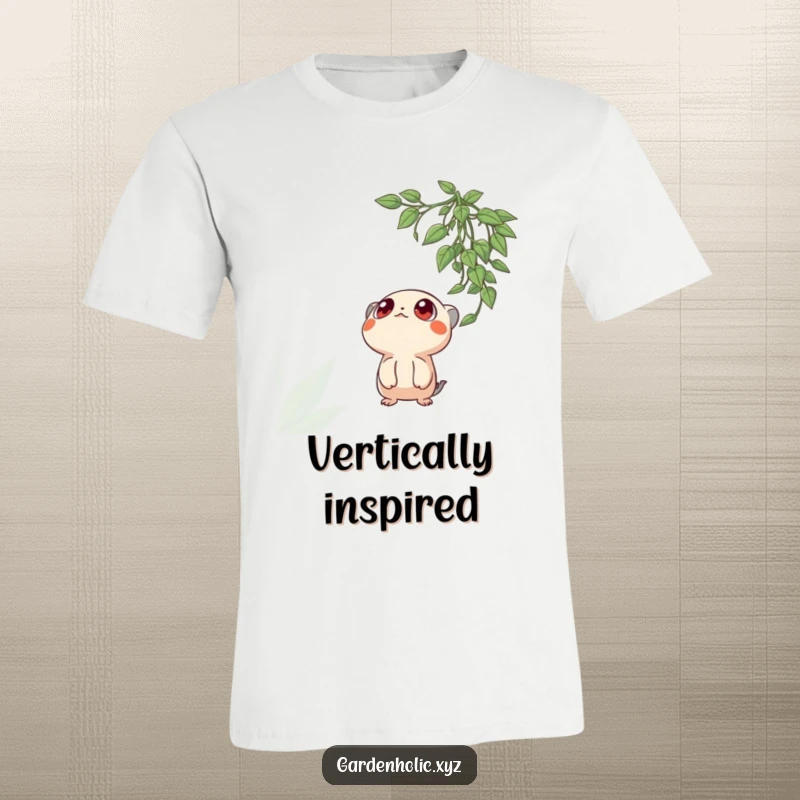 Funny t-shirt with a creature's big, amazed eyes gazing up at a beautiful hanging plant, capturing a moment of awe.