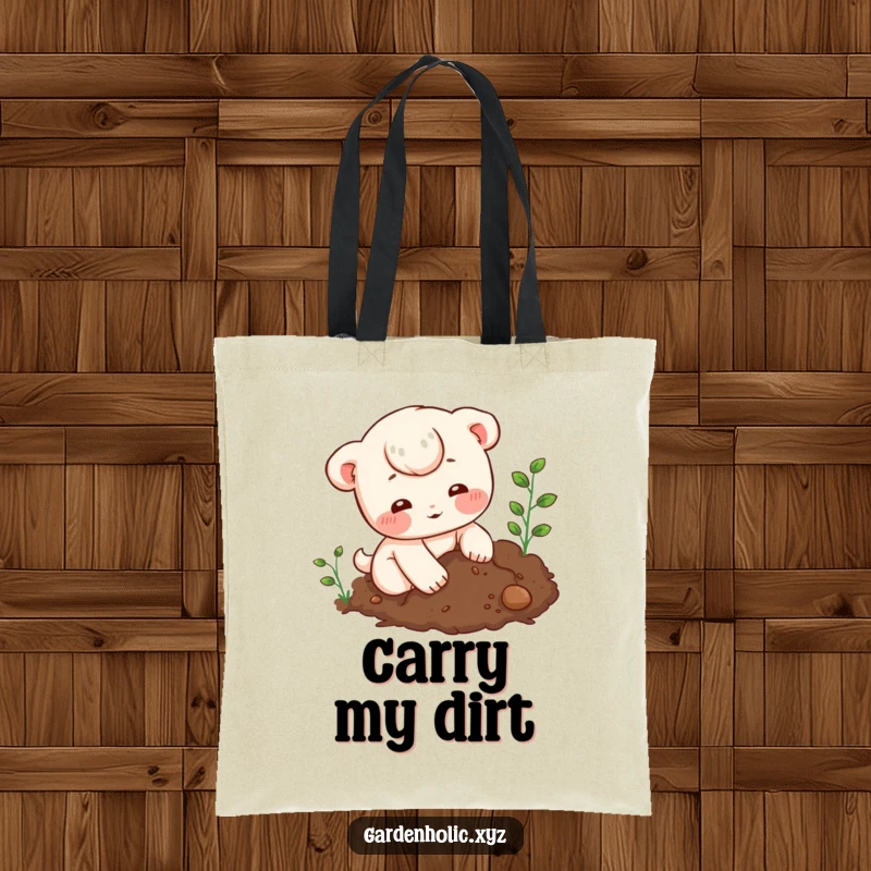 Funny Tote Bag: A character with rosy cheeks digging in rich soil, perfect for carrying gardening supplies.