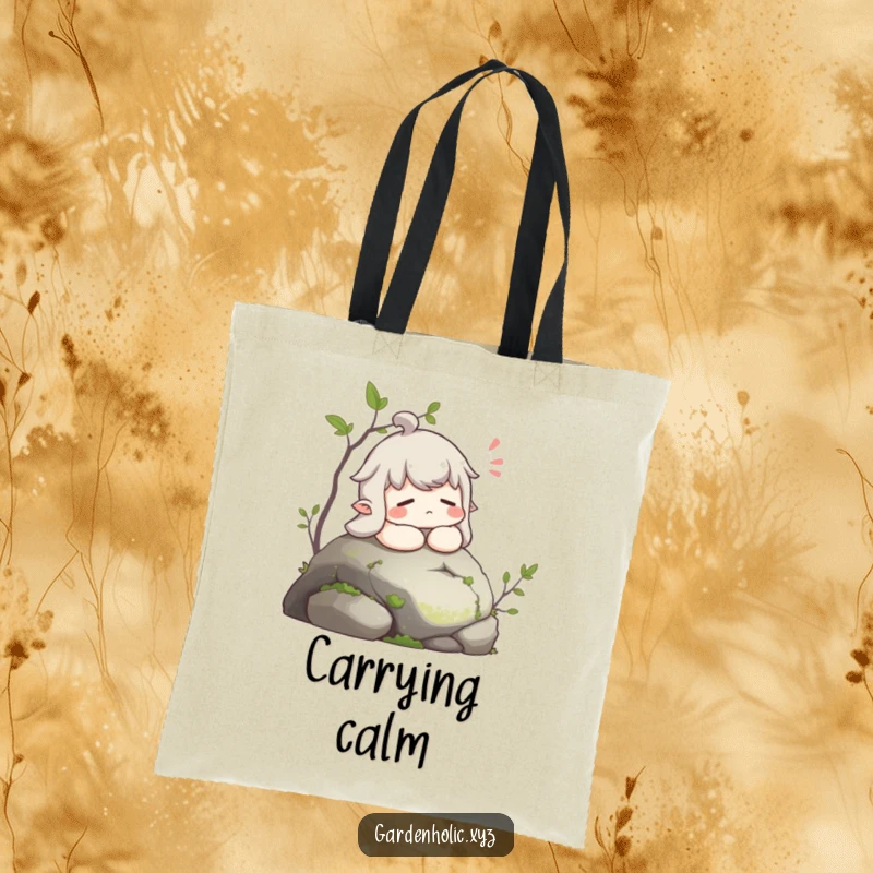 Funny tote bag featuring a character letting out a contented sigh while resting on a mossy stone, promoting peace.