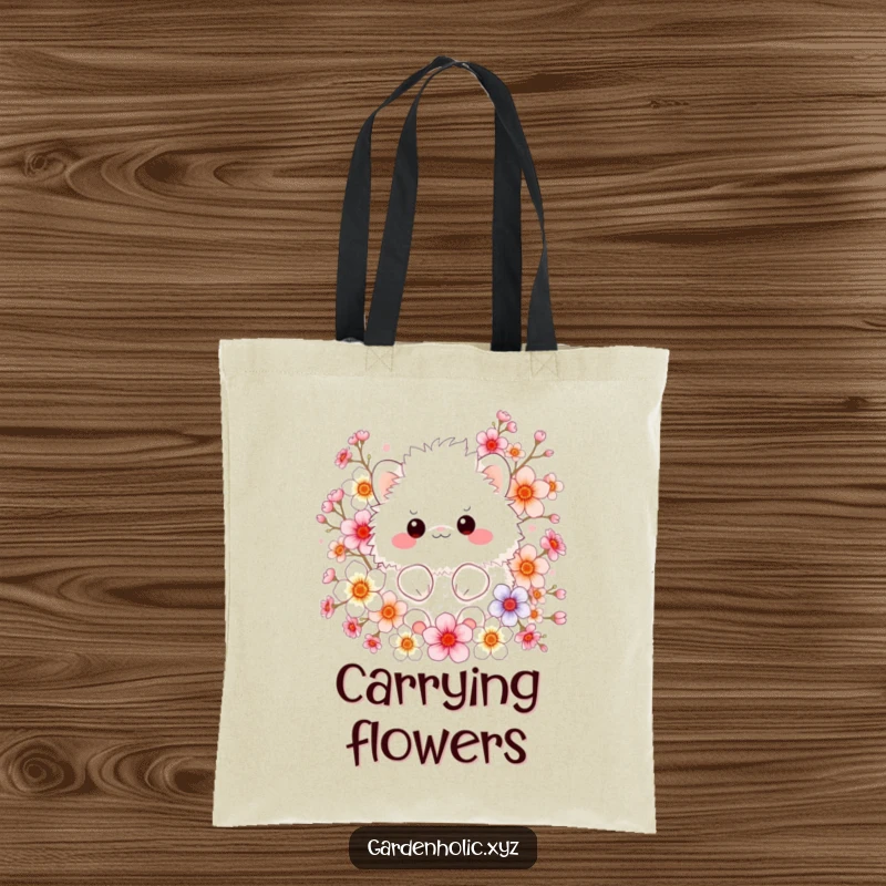 Funny tote bag with a fluffy creature surrounded by colorful blossoms, ideal for carrying daily items with a floral flair.