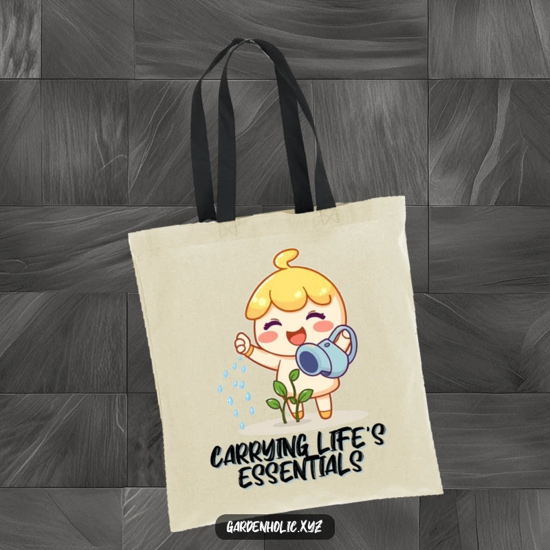 Funny gardener tote bag with a joyful character watering a tiny sprout, a stylish funny gift.