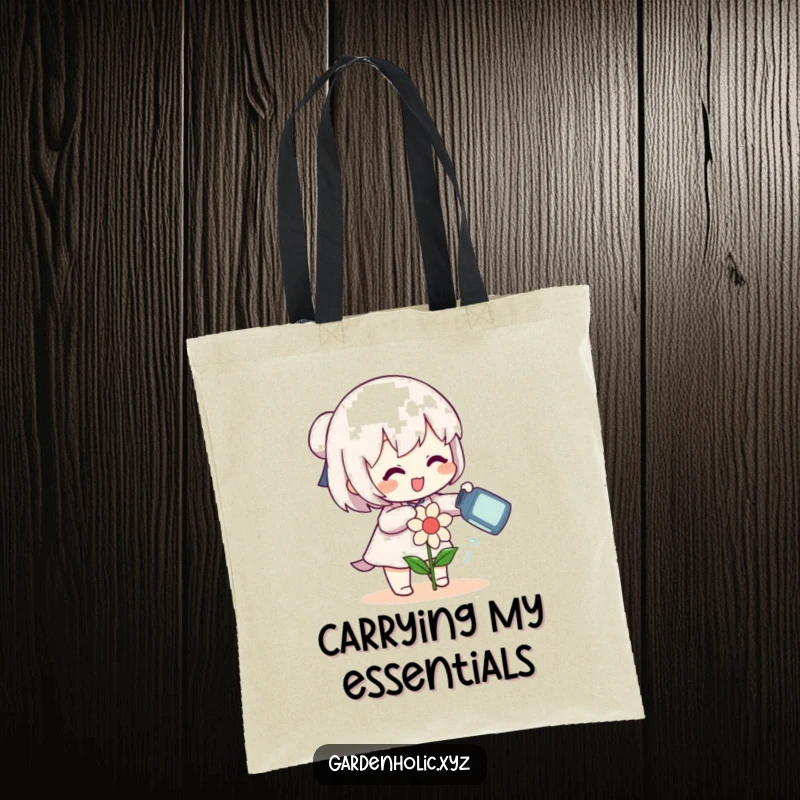 Funny character gleefully watering a small, smiling flower with a can on a tote bag, perfect for carrying essentials with cheer, a funny gift.