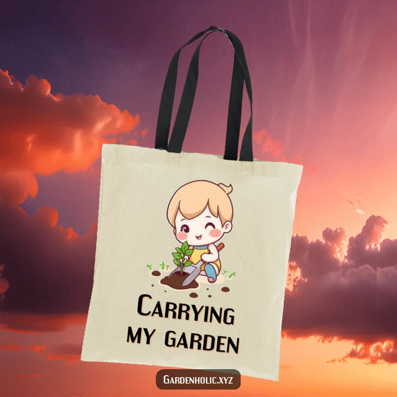 Funny cute character happily planting a tiny seedling with a trowel on a tote bag, perfect for gardening trips, a funny gift.