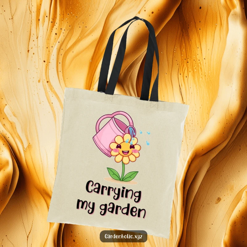 Funny Tote Bag: A cute watering can showers a smiling flower, ready to carry your essentials with floral flair.