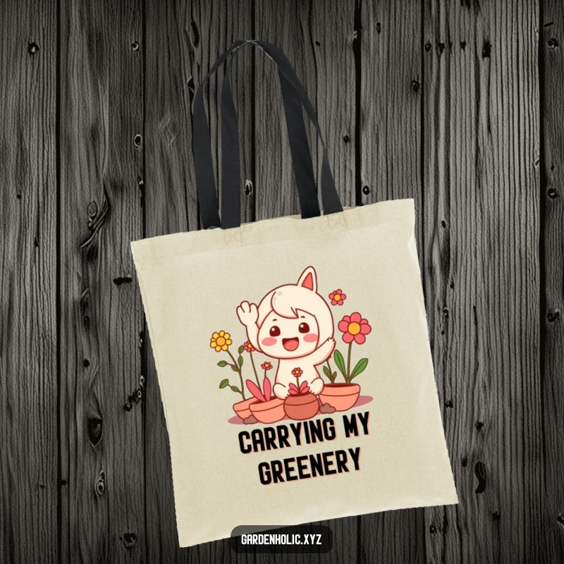 Funny tote bag featuring a character waving happily amidst a variety of cheerful plants, perfect for carrying groceries or gardening tools.