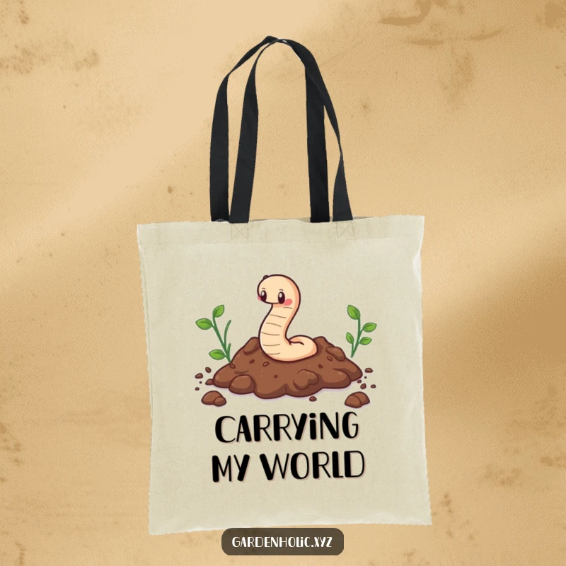 Funny tote bag with a cute worm character happily wiggling through soil, ideal for gardeners and nature lovers.