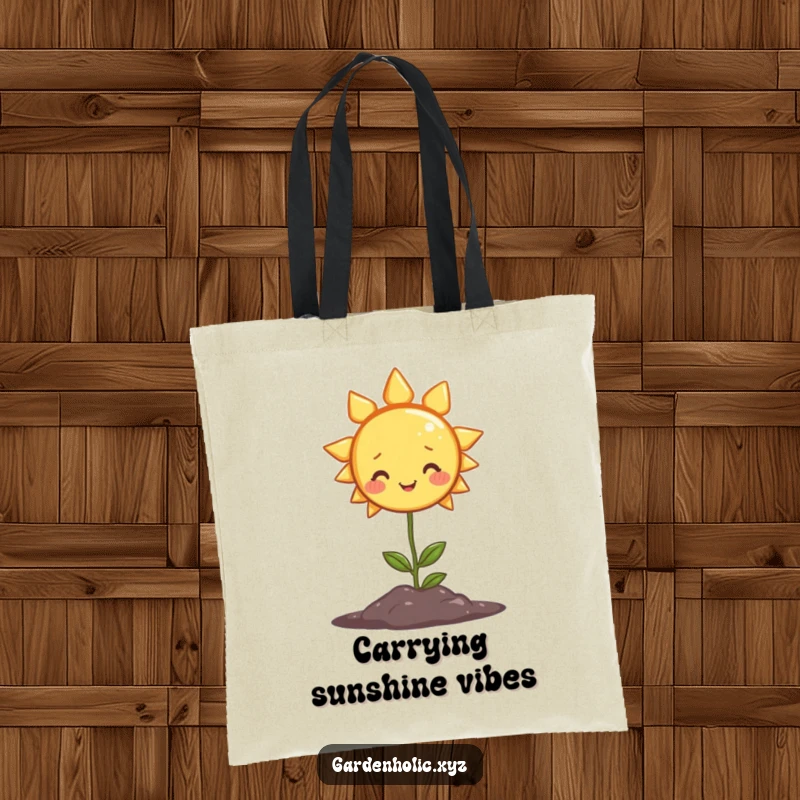 Funny tote bag depicting a smiling sun character beaming warmth onto a small plant, symbolizing growth and happiness.