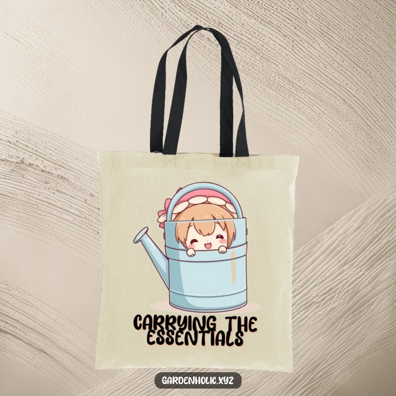 Funny tote bag featuring a smiling character peeking from behind a large watering can, perfect for carrying items with a playful flair.
