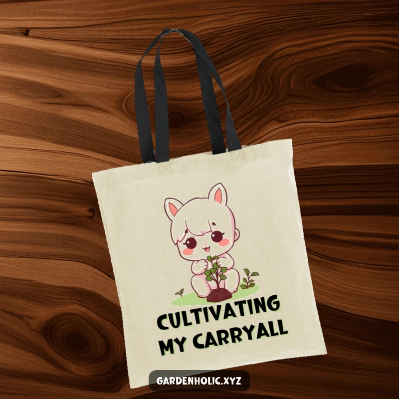Funny tote bag featuring a character with a happy, focused face, skillfully pruning a small, lush bush, ideal for plant lovers.