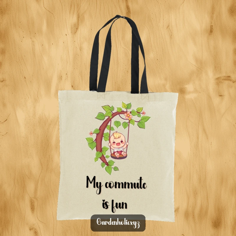 Funny adventure tote bag with a happy character sliding down a vine like a playful swing, a great funny gift.