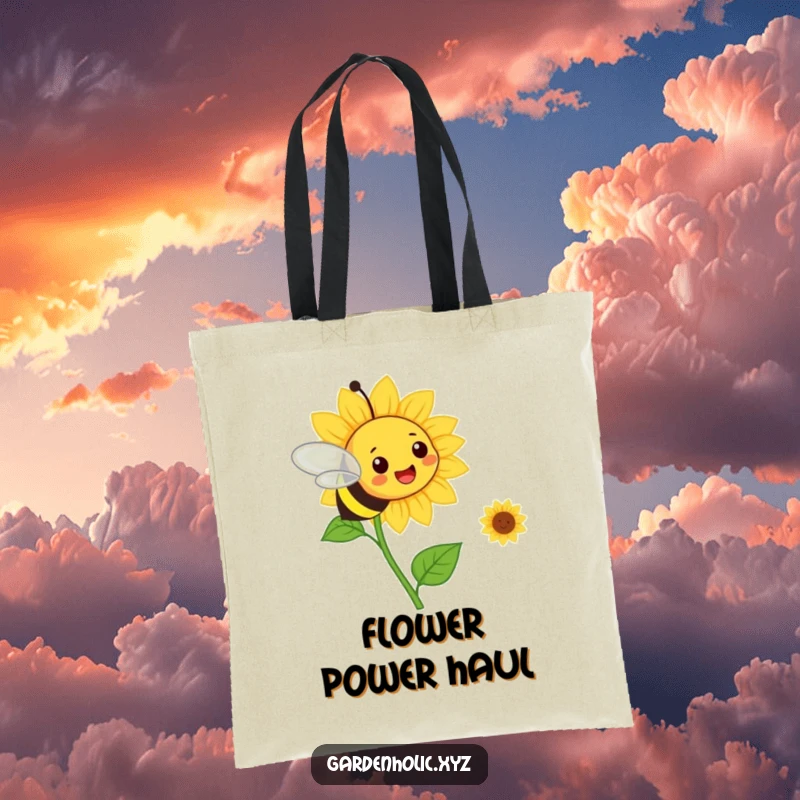 Funny bee flying towards a smiling sunflower on a durable tote bag. Great for gardeners.