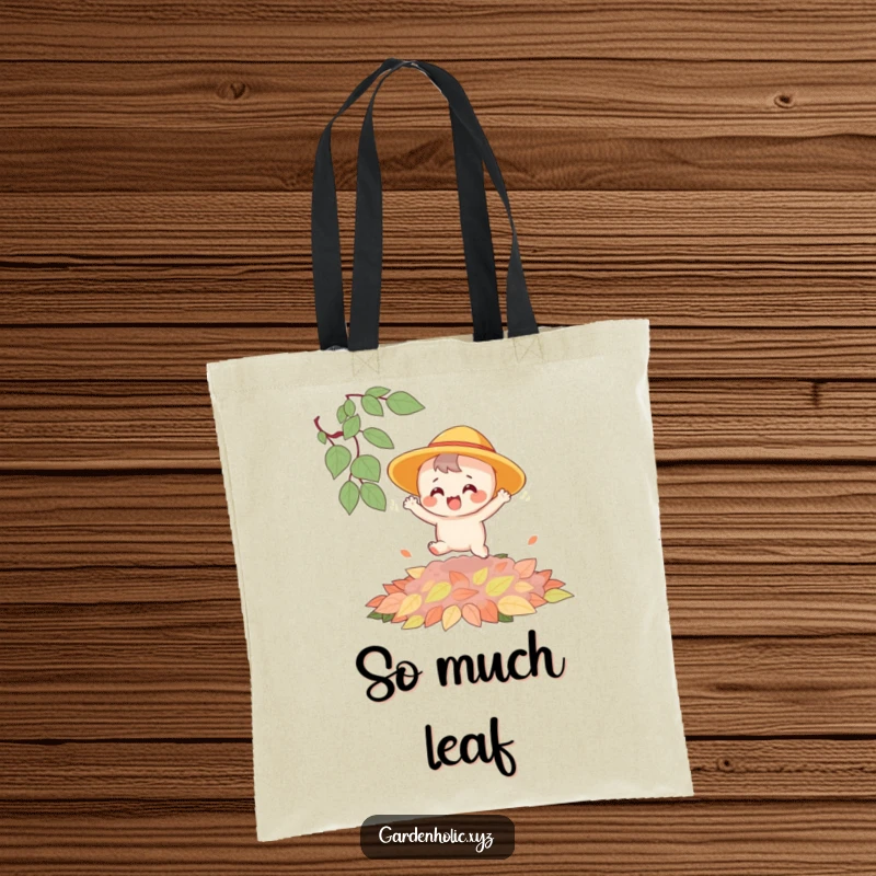 Funny tote bag depicting a joyful character in a sun hat bouncing with glee on a soft, deep pile of autumn leaves.