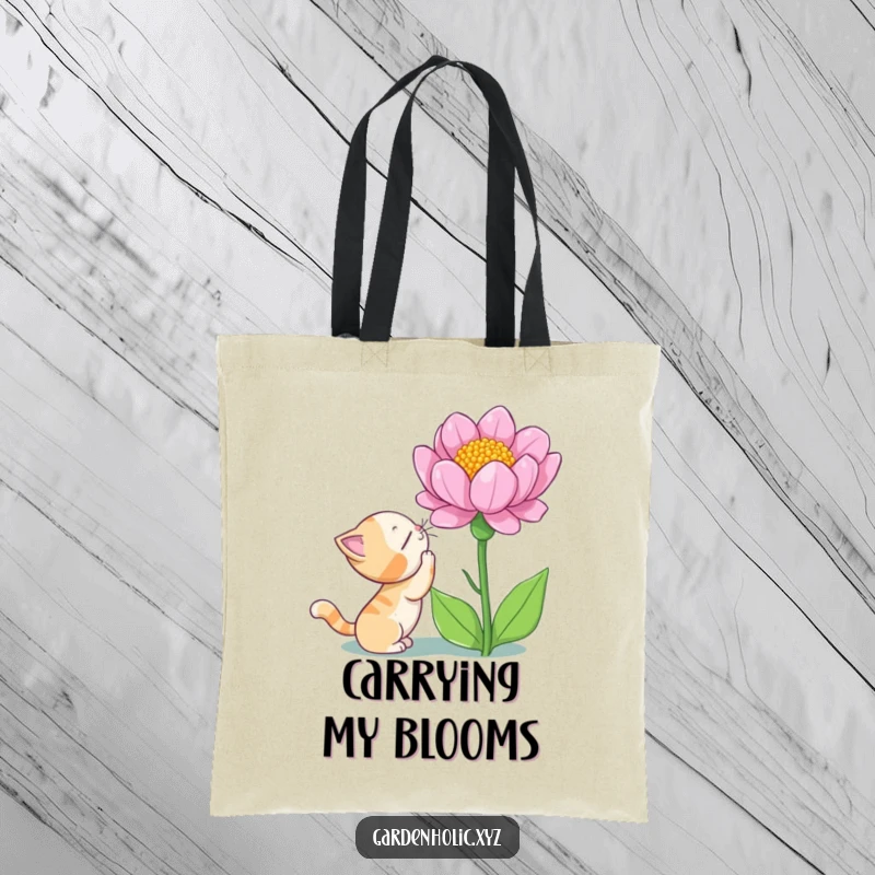 Funny cat tote bag depicting a curious cat sniffing a giant blooming flower with wonder, symbolizing exploration and feline charm.