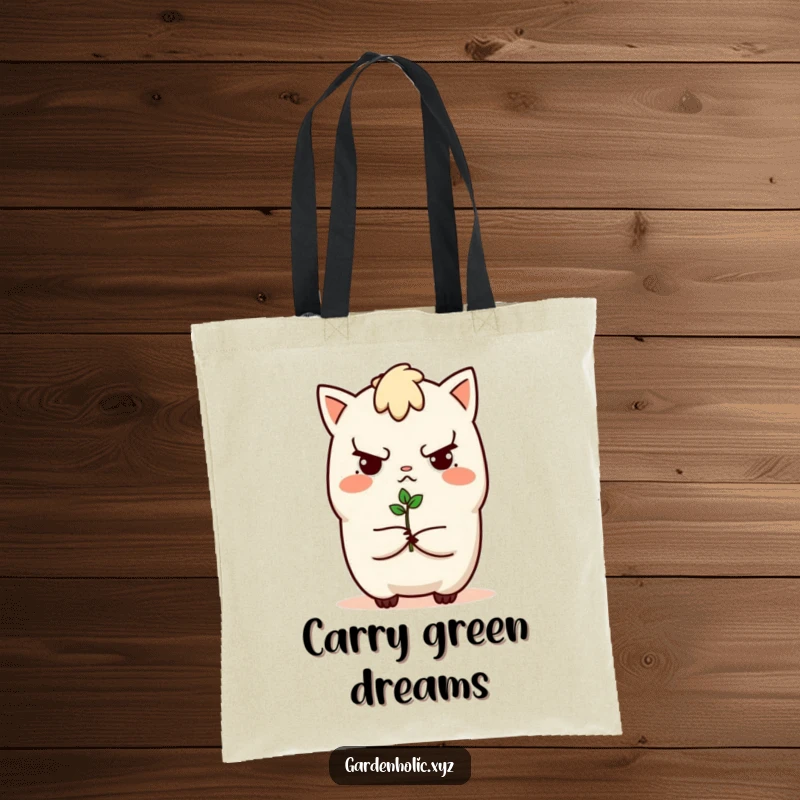 Funny tote bag featuring a determined character offering a tiny sprout, symbolizing growth and practicality, a durable and funny gift for everyday use.