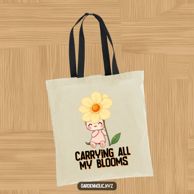 Funny tote bag showcasing a happy character admiring a vibrant, blooming flower, perfect for carrying daily necessities with flair.