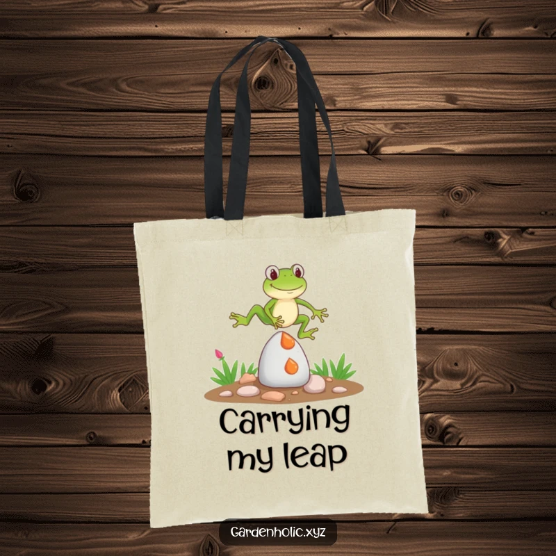 Funny Tote Bag: A cheerful frog humorously jumping over a miniature garden gnome, adding a pop of fun to everyday carrying.