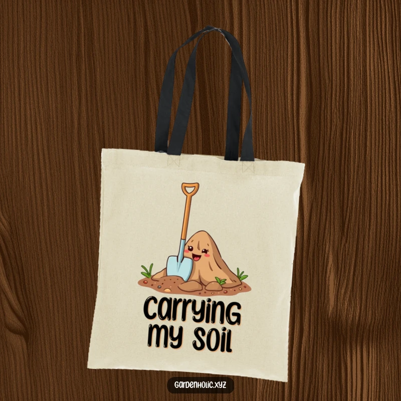 Funny Tote Bag: A happy cartoon trowel digs into a dirt mound, ready to carry your gardening supplies and smiles.