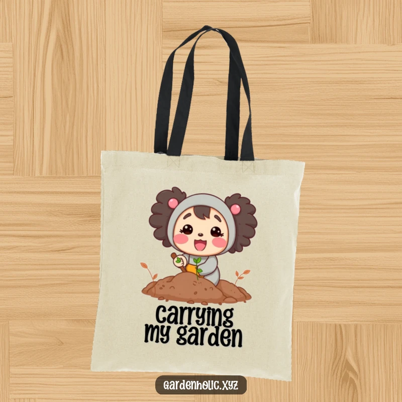 Funny tote bag showing a cheerful character happily digging into rich soil, perfect for carrying gardening tools and supplies.