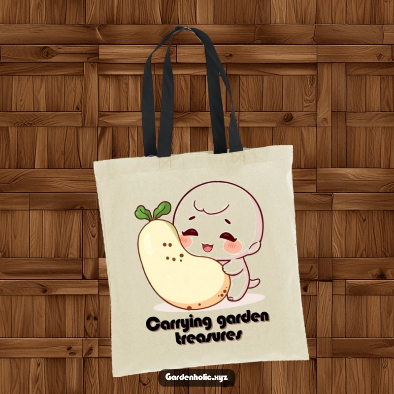 Funny Gardener Tote Bag: A giggling character with dirty cheeks admires a plump vegetable, perfect for carrying garden finds.