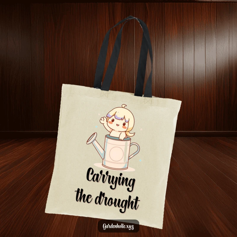 Funny tote bag featuring a small character waving from a watering can, ideal for carrying garden supplies with humor.