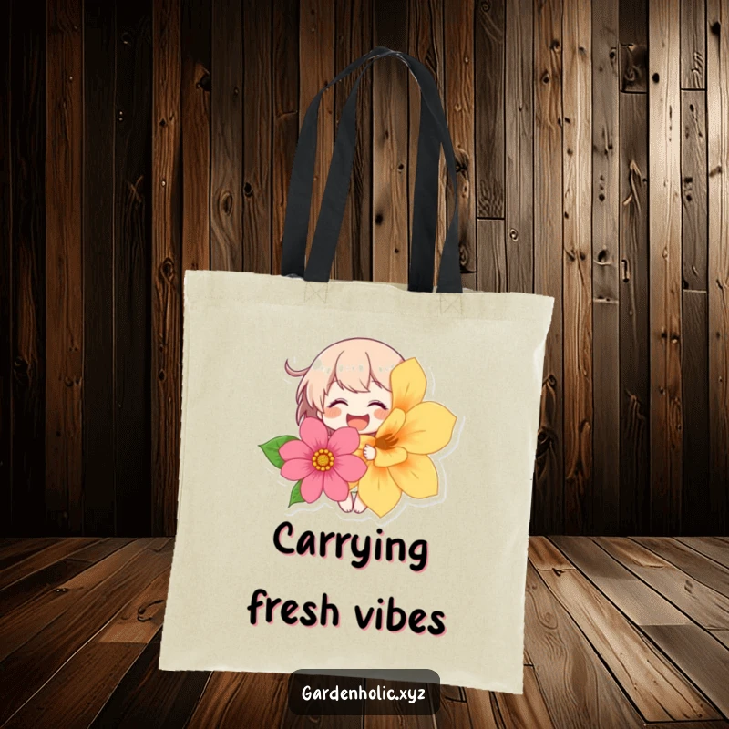 Funny tote bag depicting a character in stitches of laughter holding a large, striking flower, a symbol of joy.