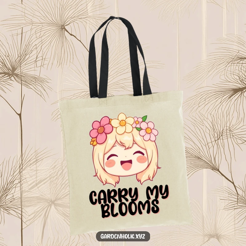 Funny tote bag featuring a joyful character wearing a flower crown and beaming with happiness and delight.