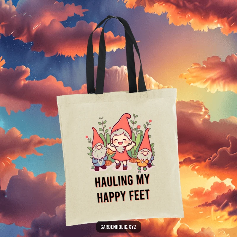 Funny joyful character doing a jig among garden gnomes, featured on a durable tote bag, ideal for carrying goodies and smiles, a practical funny gift.