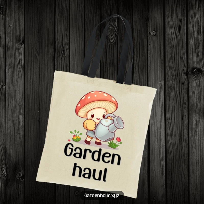 Funny tote bag with a tiny mushroom in oversized gardening gloves struggling to lift a giant watering can, for gardeners.