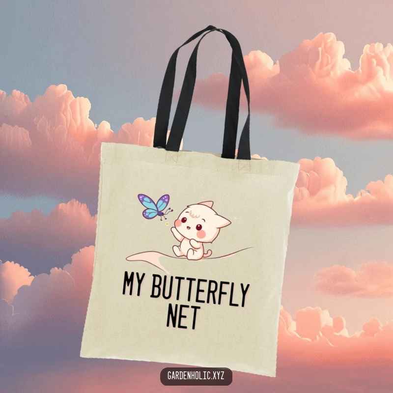 Funny tote bag depicting a playful character reaching for a fluttering butterfly, perfect for outdoor enthusiasts.
