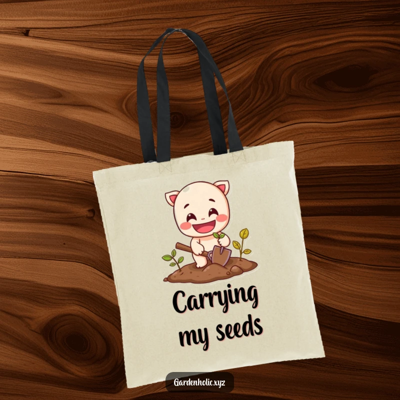 Funny tote bag featuring a cheerful character with a wide grin planting a seed with a small shovel.
