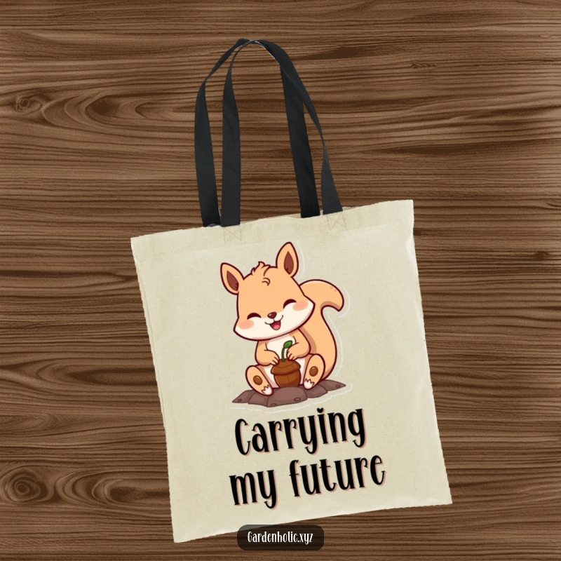 Funny squirrel tote bag, a smiling character diligently planting a tiny acorn, perfect for eco-conscious shoppers who love cute designs.