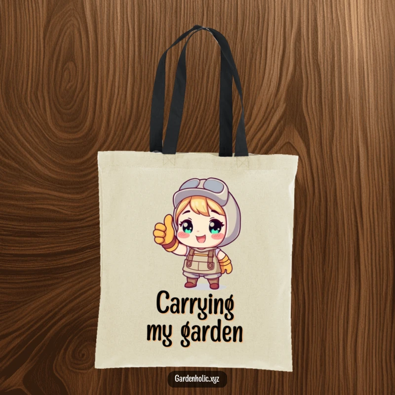 Funny tote bag with a character in gardening gloves giving a thumbs up, ideal for carrying gardening supplies or produce.