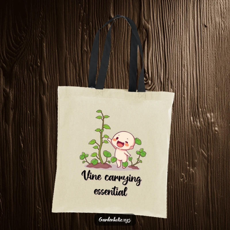 Funny tote bag featuring a character's enthusiastic gaze at a rapidly growing vine, ideal for carrying groceries or plant supplies.
