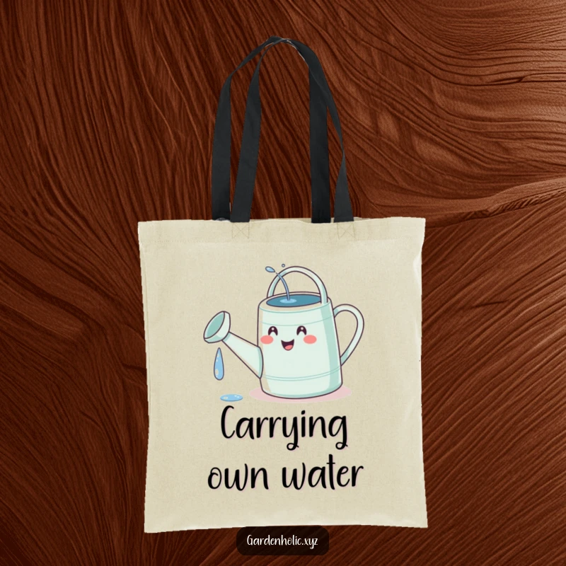 Funny watering can tote bag with a tiny, delighted face on the can comically spilling water onto its own spout, showcasing garden humor.