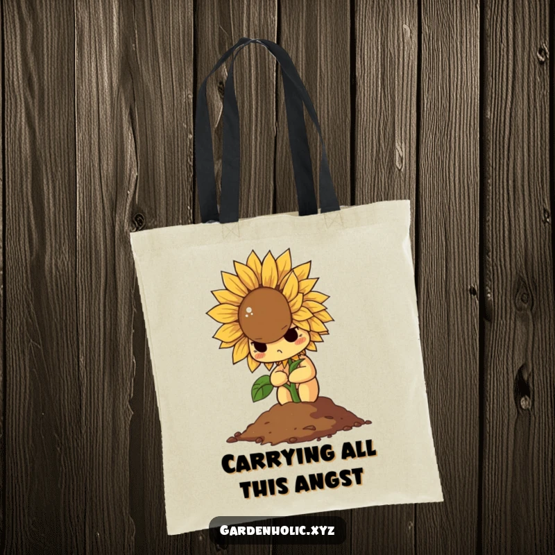 Funny tote bag featuring a determined sunflower dramatically wilting into a pile of soil, symbolizing relatable exhaustion.
