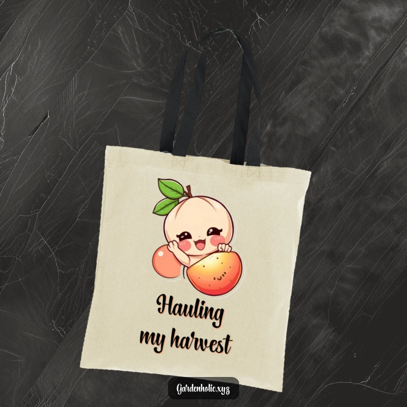 Funny fruit lover tote bag with a smiling character reaching for a juicy, ripe fruit, great for shopping.