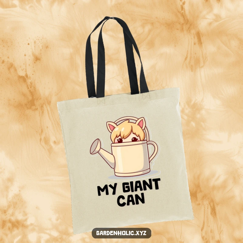 Funny tote bag showing a mischievous character hiding behind a giant watering can, with a playful expression.